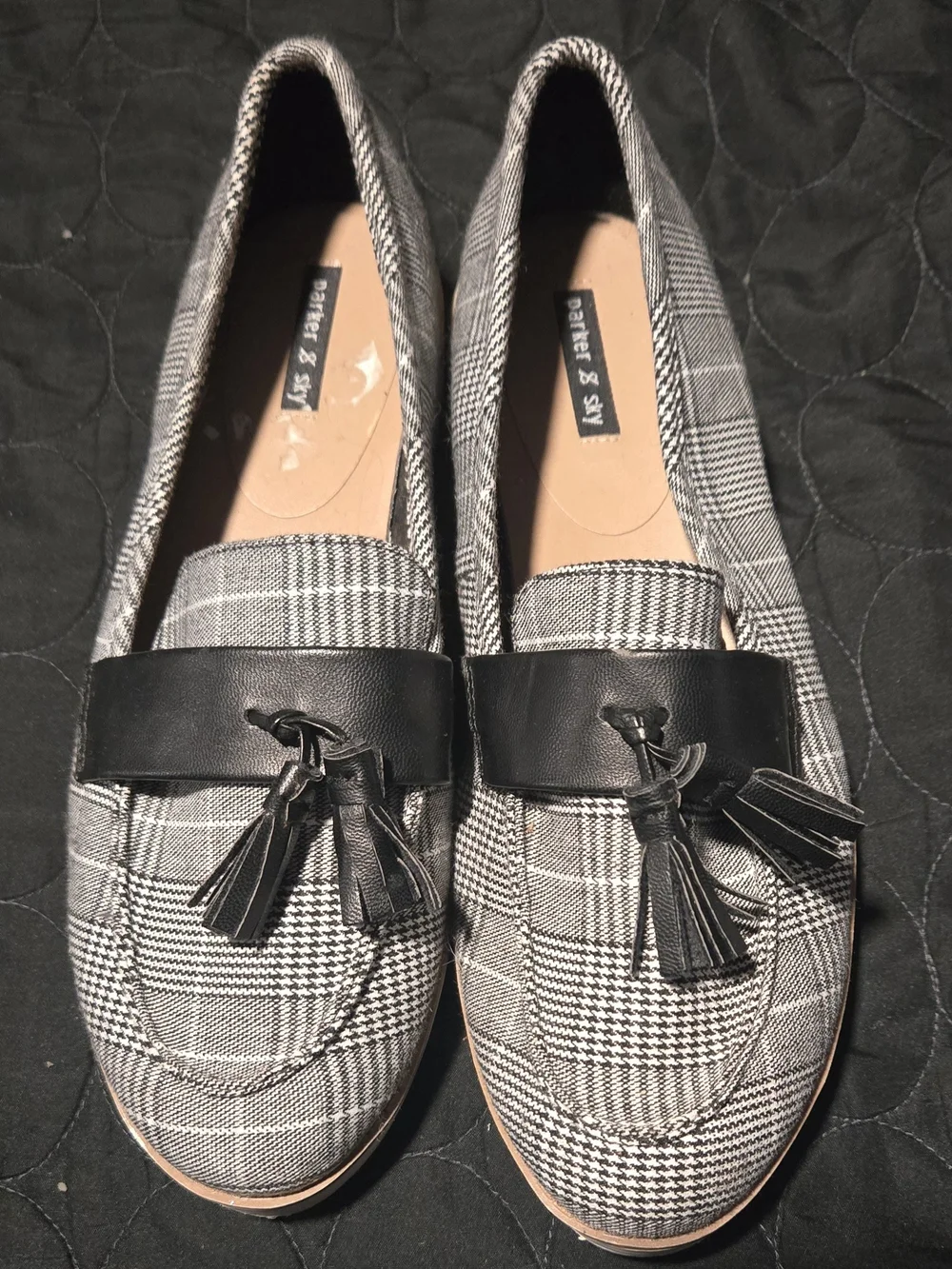 Plaid Tassel Loafers in Black and Gray